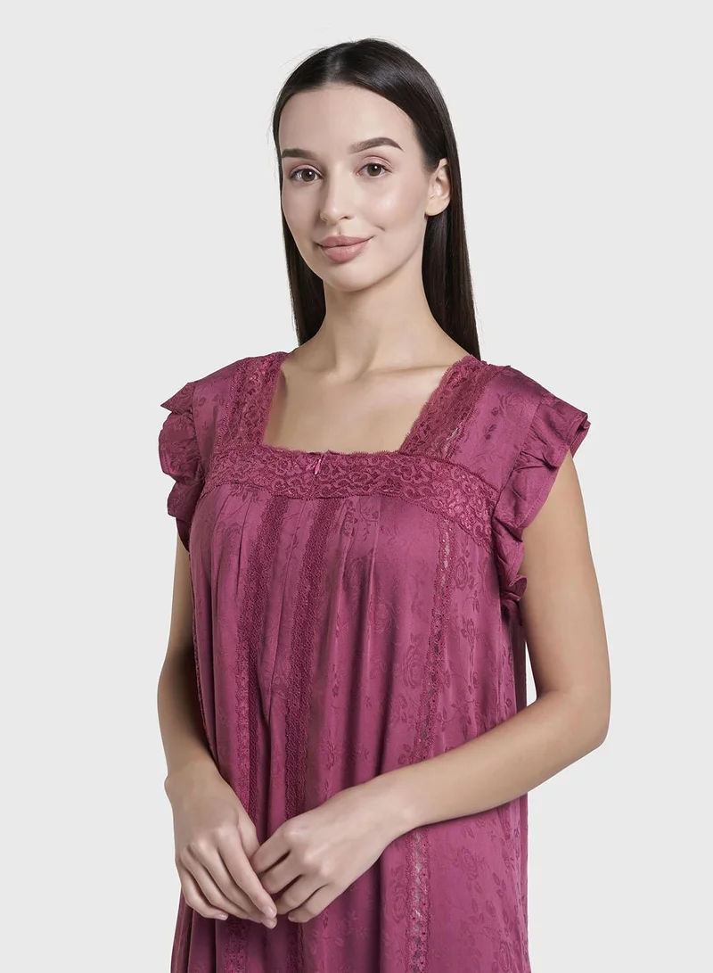 كشخة Maroon Jacquard  Floral Print Rayon Long Nightwear Dress (CNH491)
