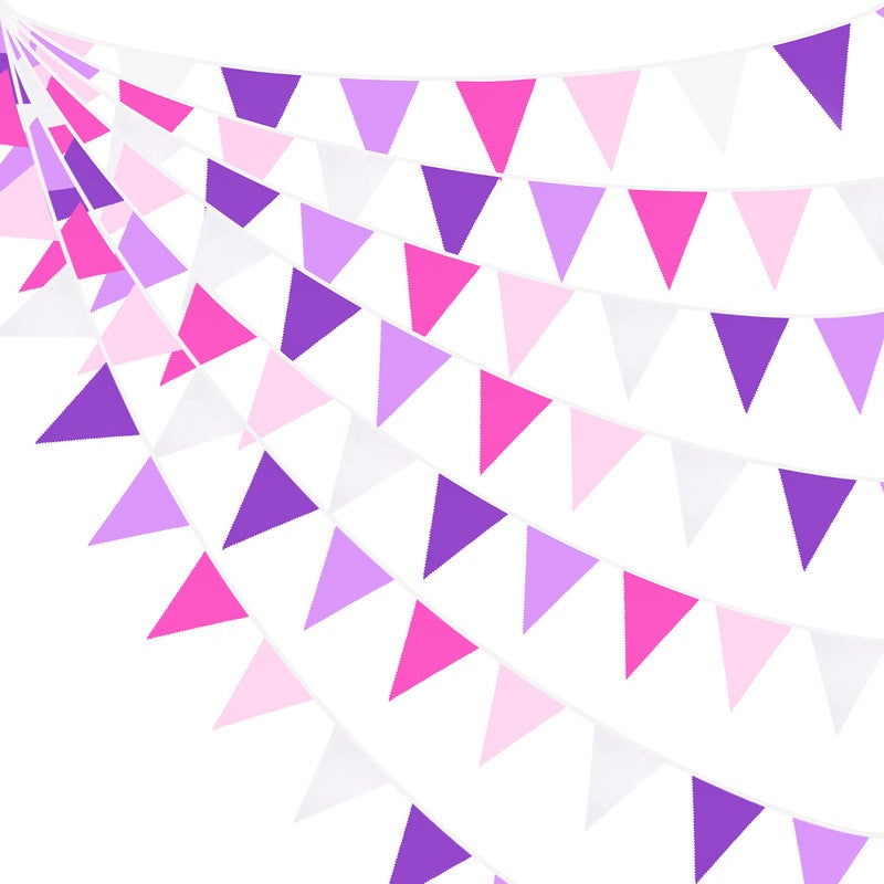 10M/32Ft Rose Pink Purple White Pennant Banner Fabric Triangle Flag Cotton Bunting Garland for Unicorn Birthday Wedding Anniversary Party Home Nursery Outdoor Garden Hanging Festivals Decoration