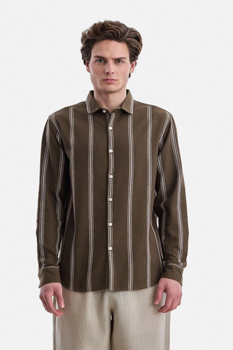 SNITCH Brown Striped Long Sleeve Regular Fit Shirt