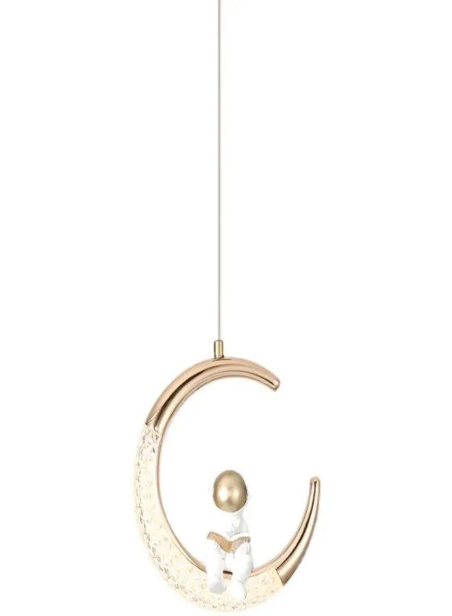 Glowave® LED Moon Shape Classic Gold Finish Acrylic Bedside Pendant Hanging Light Ceiling Lamp Light Fixture - Tricolour (Astronaut Half Moon) - Image 2