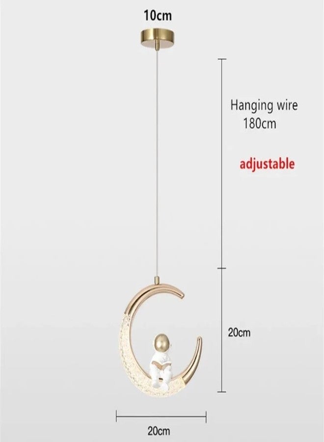 Glowave® LED Moon Shape Classic Gold Finish Acrylic Bedside Pendant Hanging Light Ceiling Lamp Light Fixture - Tricolour (Astronaut Half Moon) - Image 5