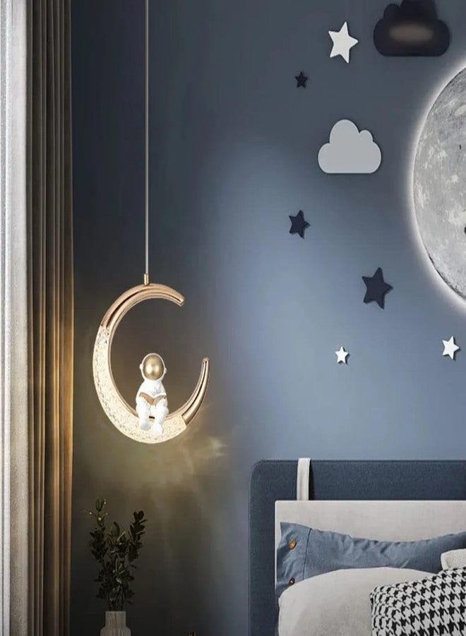 Glowave® LED Moon Shape Classic Gold Finish Acrylic Bedside Pendant Hanging Light Ceiling Lamp Light Fixture - Tricolour (Astronaut Half Moon) - Image 1