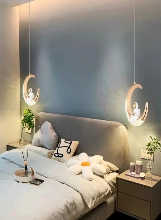 Glowave® LED Moon Shape Classic Gold Finish Acrylic Bedside Pendant Hanging Light Ceiling Lamp Light Fixture - Tricolour (Astronaut Half Moon) - Image 3