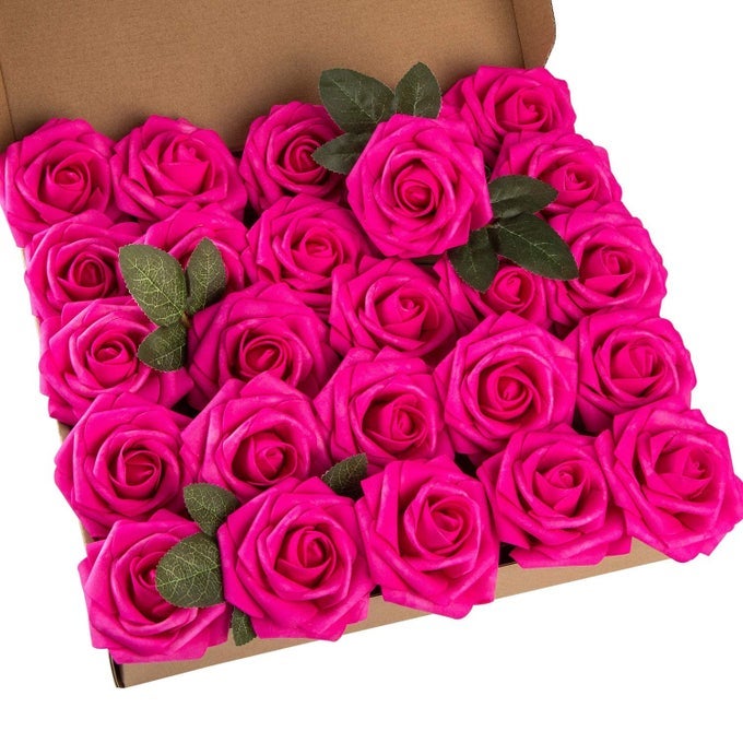 25PCS ARTIFICIAL FLOWER FOAM ROSE REAL TOUCH ROSES FLOWER HEADS WITH STEM FOR DIY WEDDING BOUQUETS CENTERPIECES ARRANGEMENTS PARTY BABY SHOWER HOME DECOR HOT PINK