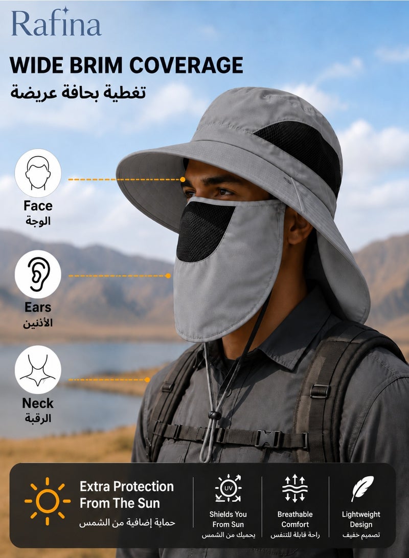 Rafina Unisex Outdoor Wide-Brim Sun Hat with Detachable Face Cover, Neck Flap, Breathable Mesh Panels and Adjustable Chin Strap for Fishing and Hiking, Light Grey - Image 4