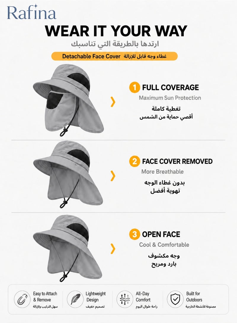 Rafina Unisex Outdoor Wide-Brim Sun Hat with Detachable Face Cover, Neck Flap, Breathable Mesh Panels and Adjustable Chin Strap for Fishing and Hiking, Light Grey - Image 5