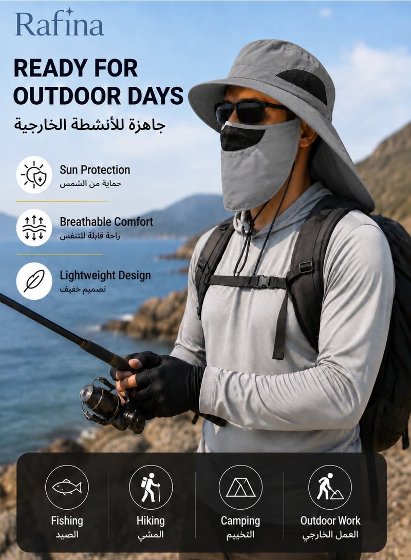 Rafina Unisex Outdoor Wide-Brim Sun Hat with Detachable Face Cover, Neck Flap, Breathable Mesh Panels and Adjustable Chin Strap for Fishing and Hiking, Light Grey - Image 2