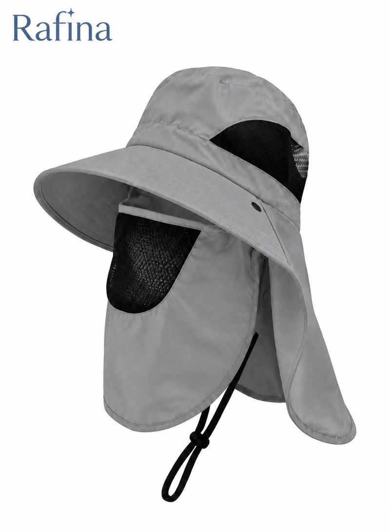 Rafina Unisex Outdoor Wide-Brim Sun Hat with Detachable Face Cover, Neck Flap, Breathable Mesh Panels and Adjustable Chin Strap for Fishing and Hiking, Light Grey - Image 1
