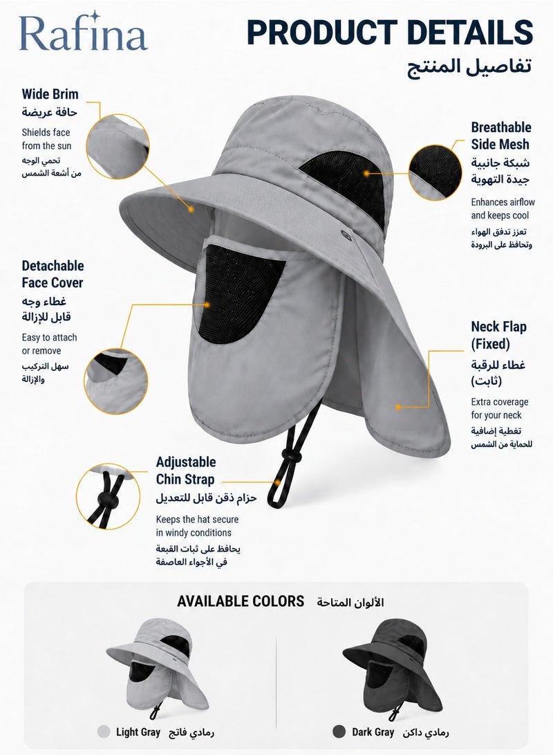 Rafina Unisex Outdoor Wide-Brim Sun Hat with Detachable Face Cover, Neck Flap, Breathable Mesh Panels and Adjustable Chin Strap for Fishing and Hiking, Light Grey - Image 3