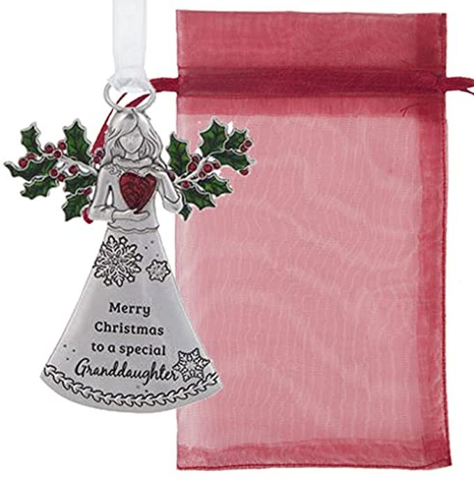 GRANDDAUGHTER ANGEL WITH HOLLY ORNAMENTS MERRY CHRISTMAS TO A SPECIAL GRANDDAUGHTER FOR HOLIDAY CHRISTMAS TREE DCOR GIFTS FROM MOTHER FATHER PRESENTED IN A RED CHRISTMAS BAG N GIFT BOX