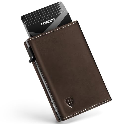 LORZOR Wallet for Men with Metal Card Holder, Pop Up Wallet, Finest Full Grain Leather Trifold Wallet, Smart, Minimalist, RFID Blocking, Front Pocket, ID Window, Brown/Grey - Image 1