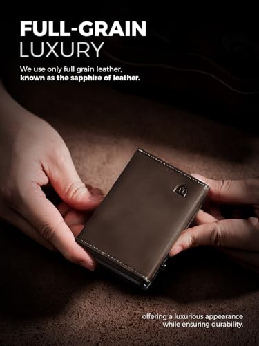 LORZOR Wallet for Men with Metal Card Holder, Pop Up Wallet, Finest Full Grain Leather Trifold Wallet, Smart, Minimalist, RFID Blocking, Front Pocket, ID Window, Brown/Grey - Image 3