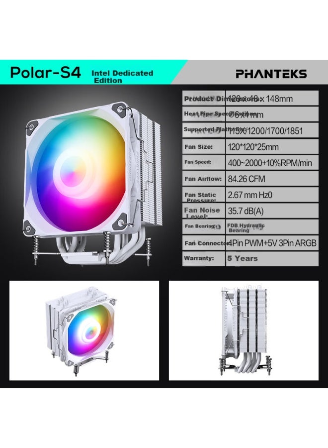 Phanteks Polar Boreas S4 All-white Single Tower Argb Reverse Gravity 4 Heatpipe Direct Touch Intel Cpu Air Cooler (120mm High Airflow Fan/lga1700/1851) - Image 3