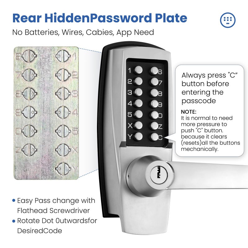 LVOZ Keyless Entry Door Lock with Handle - Mechanical Door Lock 100% Without Batteries - Easy to Install & Use - Keypad Lock on Zinc-Alloy, Water and Sun Proof for Indoor or Outdoor - Image 5