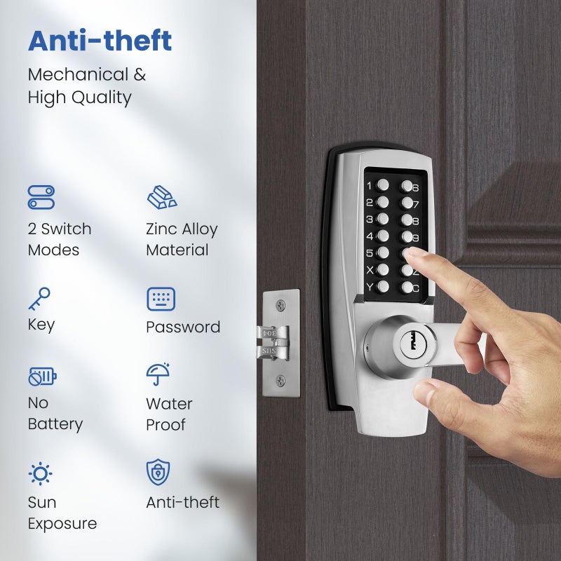 LVOZ Keyless Entry Door Lock with Handle - Mechanical Door Lock 100% Without Batteries - Easy to Install & Use - Keypad Lock on Zinc-Alloy, Water and Sun Proof for Indoor or Outdoor - Image 3