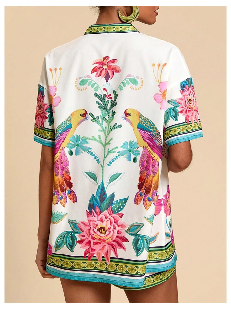 MakeMeChic Women's Tropical Beach Vacation Outfits Summer Two Piece Sets Boho Floral Kimono Tops and Shorts Set Multicolor Large - Image 3