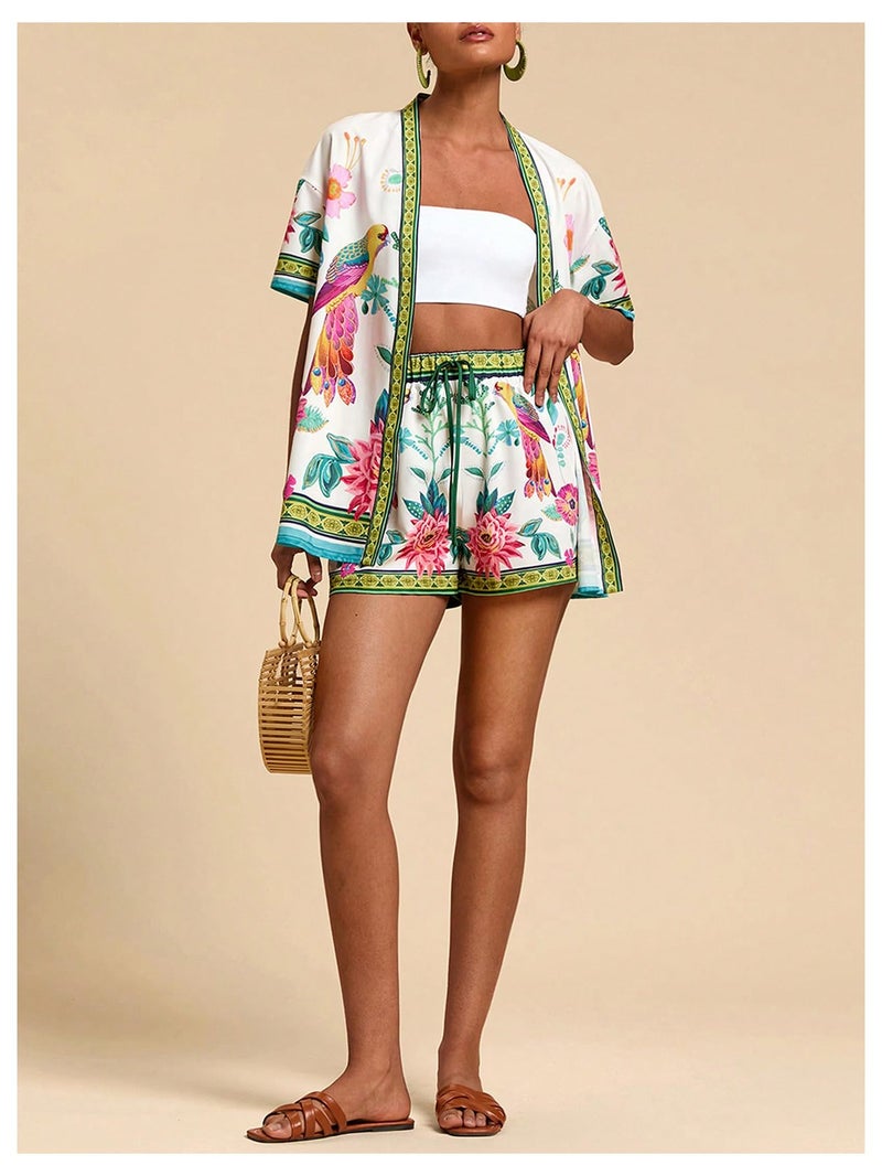 MakeMeChic Women's Tropical Beach Vacation Outfits Summer Two Piece Sets Boho Floral Kimono Tops and Shorts Set Multicolor Large - Image 5
