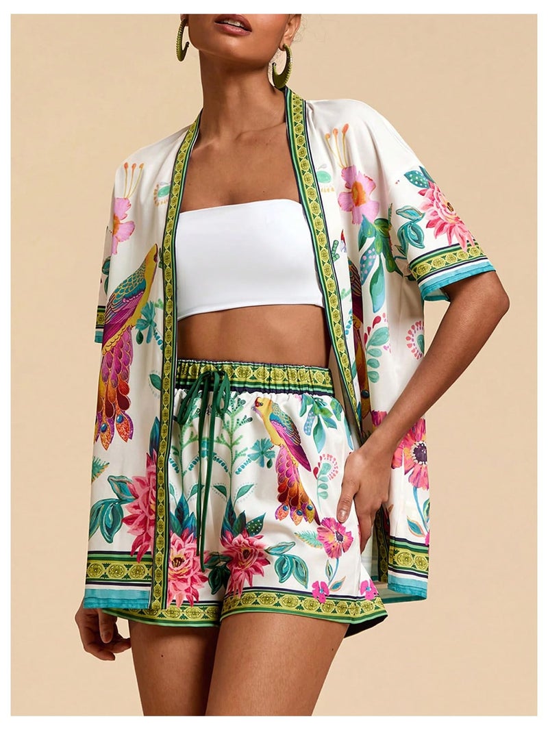 MakeMeChic Women's Tropical Beach Vacation Outfits Summer Two Piece Sets Boho Floral Kimono Tops and Shorts Set Multicolor Large - Image 2