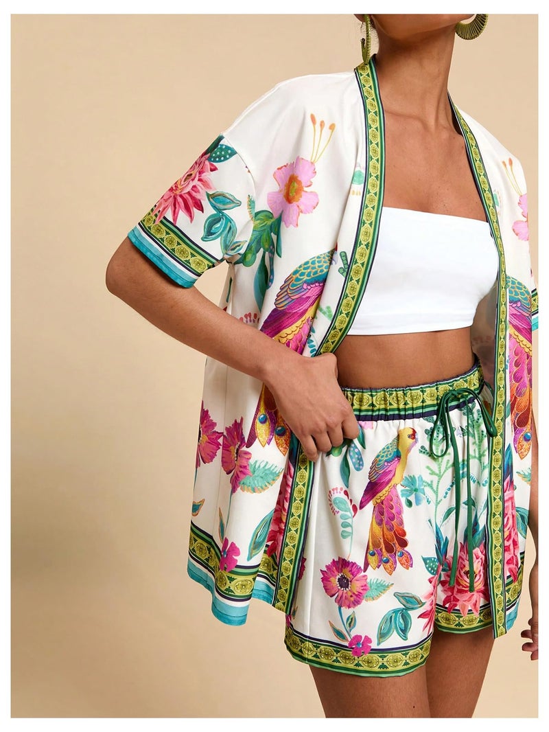 MakeMeChic Women's Tropical Beach Vacation Outfits Summer Two Piece Sets Boho Floral Kimono Tops and Shorts Set Multicolor Large - Image 4