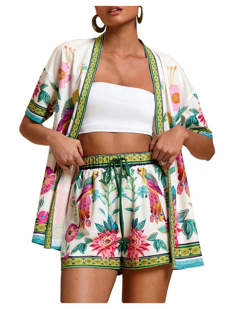 MakeMeChic Women's Tropical Beach Vacation Outfits Summer Two Piece Sets Boho Floral Kimono Tops and Shorts Set Multicolor Large - Image 1
