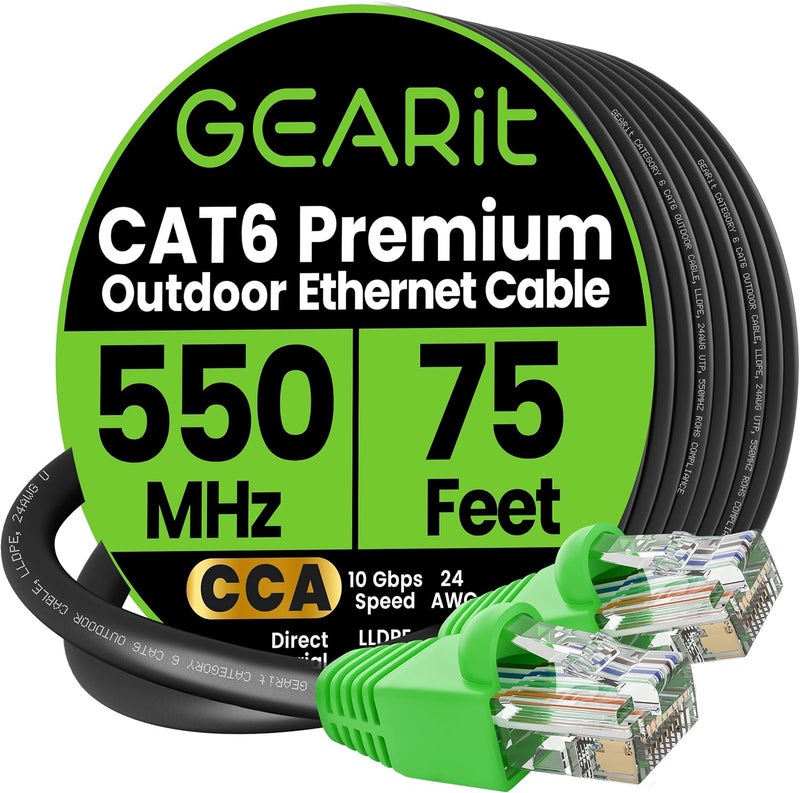 GearIT RJ45 Cat-6 Ethernet Patch Cable, 10Gpbs Transfer Speed, Gold-Plated Connectors, Copper Clad, Outdoor, UV Resistant, Direct Burial, Waterproof, Durable, 75 Foot (22.8 Meters), Black - Image 1