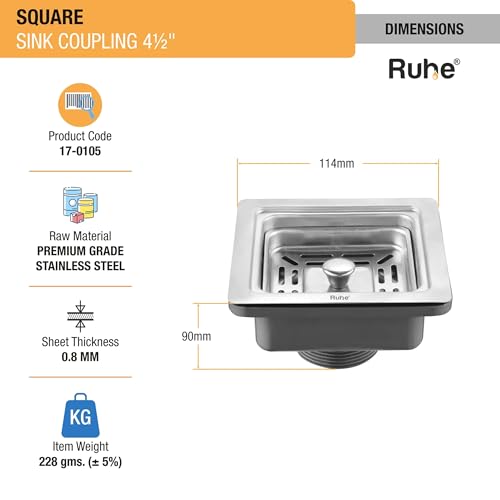 Ruhe® Square Sink Coupling for Kitchen Sink (4.5 Inches) | Stainless Steel Kitchen Sink Coupling Drain Outlet and Connector | Rust-Free, Corrosion-Resistant | Silver - Image 2