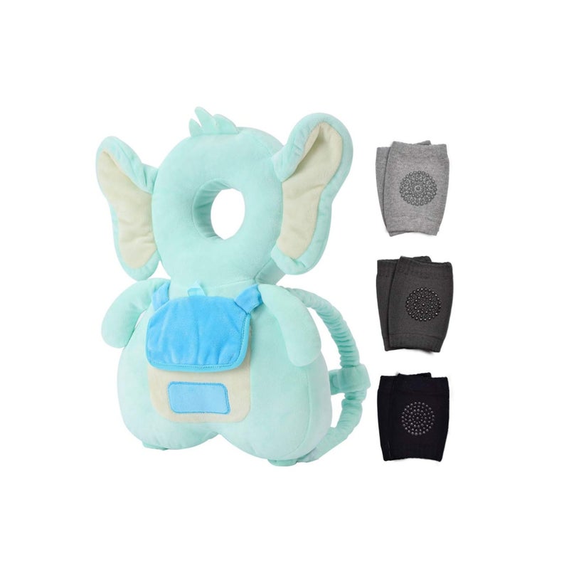 SOLARAE Baby Head Protector, with Baby Knee Pads, Baby Walker Head Protector, Baby Head Protector Backpack Pillow, Toddlers Head Safety Pad Adjustable Backpack, Baby Back Protection for Crawling, Elephant - Image 1