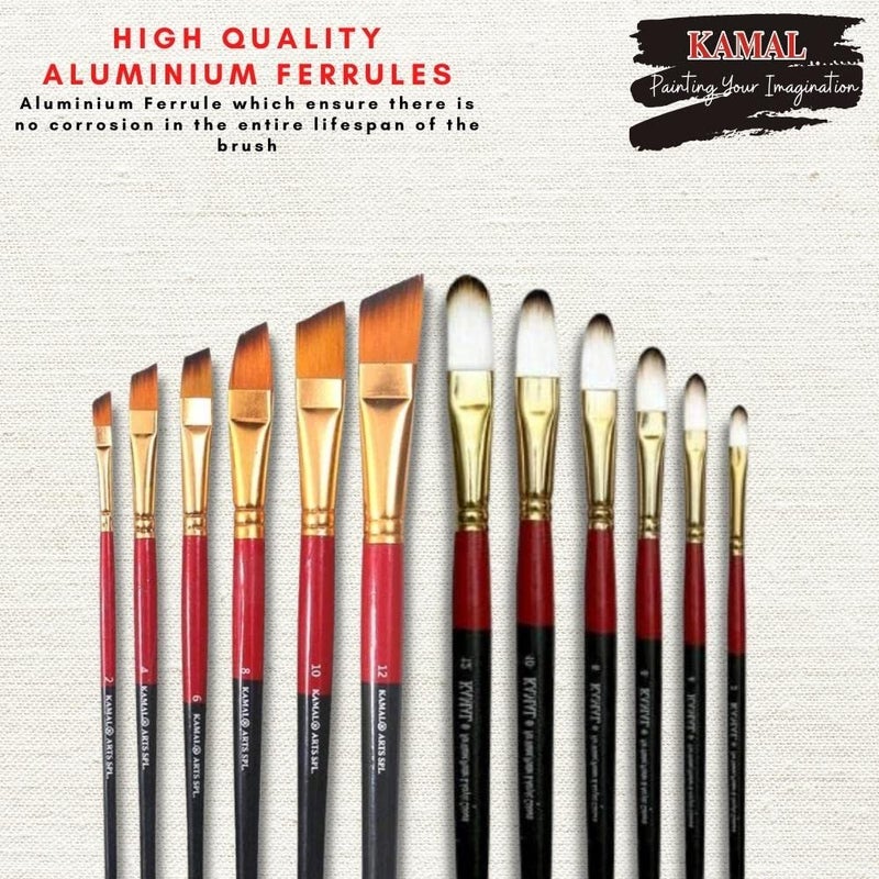 Kamal Combo of Filbert White Brown and Angular Paint Brush Set of 6 for Oil, Nail, Artist Acrylic Painting with Cotton Canvas Board 16 X 12 Inch Set of 1 - Image 2