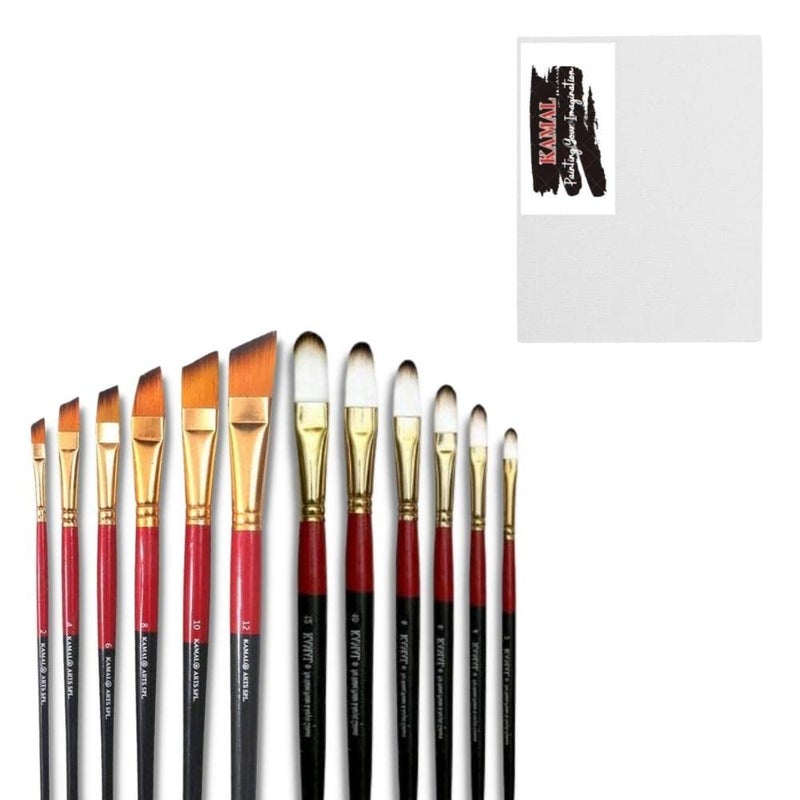 Kamal Combo of Filbert White Brown and Angular Paint Brush Set of 6 for Oil, Nail, Artist Acrylic Painting with Cotton Canvas Board 16 X 12 Inch Set of 1 - Image 1