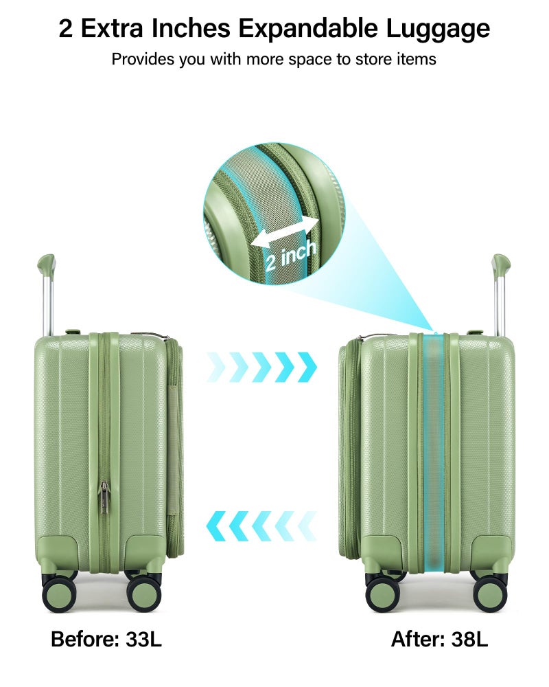 Hanke 16 Inch Expandable Under Seat Luggage with Wheels Top Opening Small Suitcase with Wheels Carry On Luggage Airline Approved Lightweight Hard Shell Suitcases for Weekender Overnight-Bamboo Green - Image 4