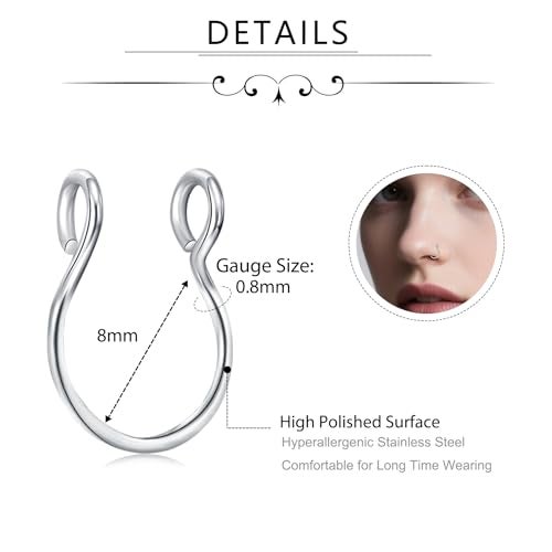D.Bella Stainless Steel Hoop Earring, 20g Faux Septum Nose Ring, 8mm Non-Pierced Clip, Fashion Fake Piercing Jewelry for Women Men - Image 2
