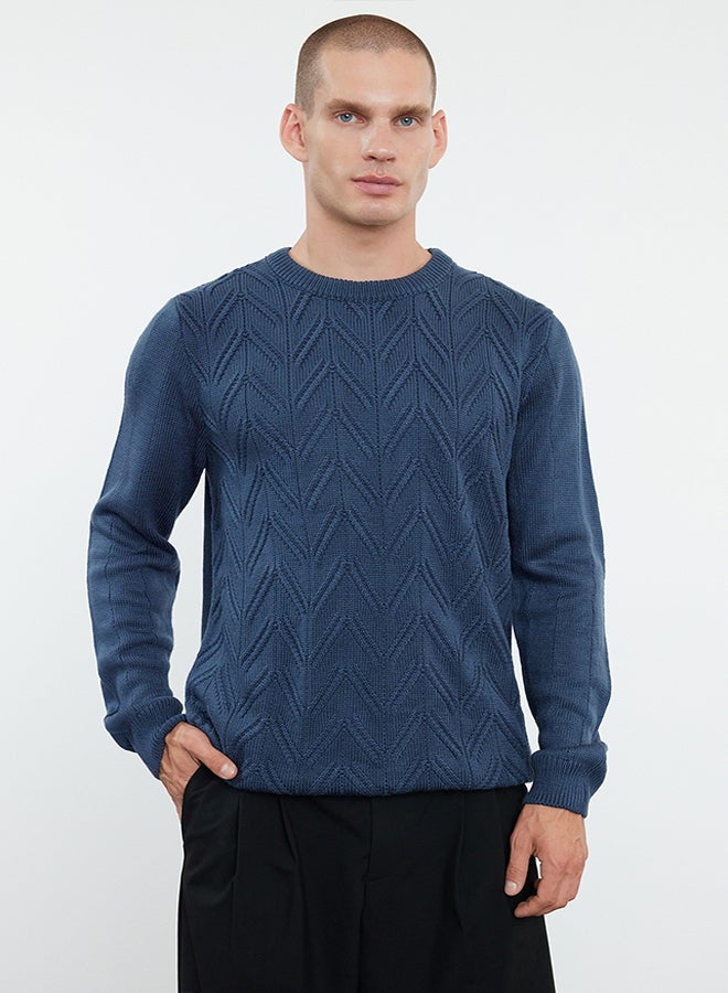 trendyol Indigo Regular Crew Neck Textured Knitwear Sweater TMNAW25KZ00037 - Image 2
