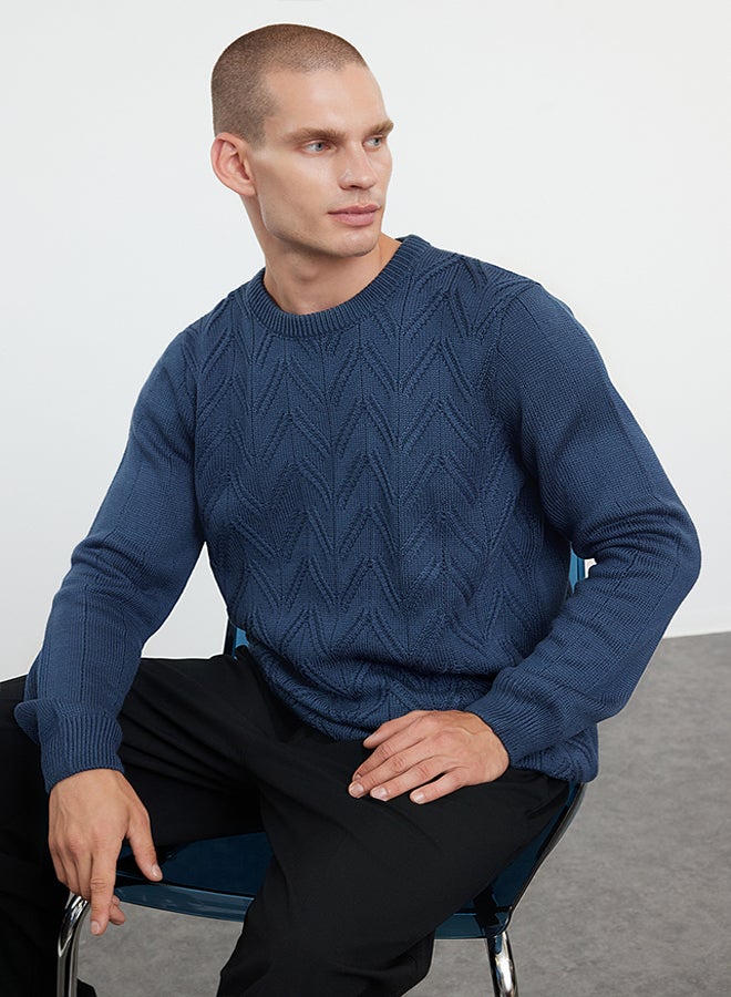 trendyol Indigo Regular Crew Neck Textured Knitwear Sweater TMNAW25KZ00037 - Image 1
