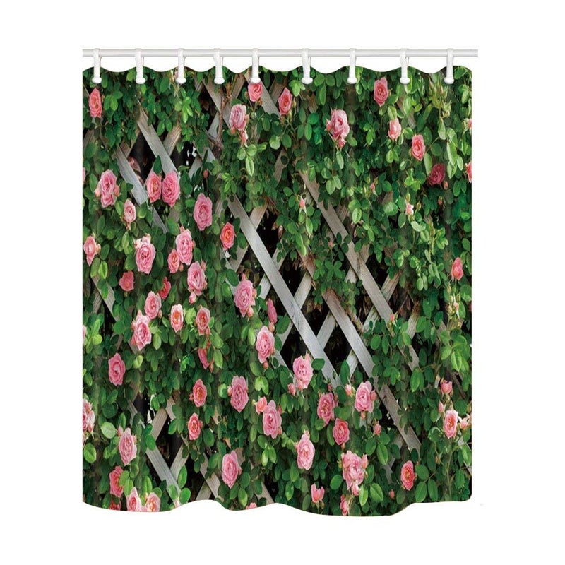JOOCAR Garden Shower Curtain Rustic Decor Rosemary Roses Flower on Fence Waterproof Cloth Fabric Bathroom Decor Set with Hooks