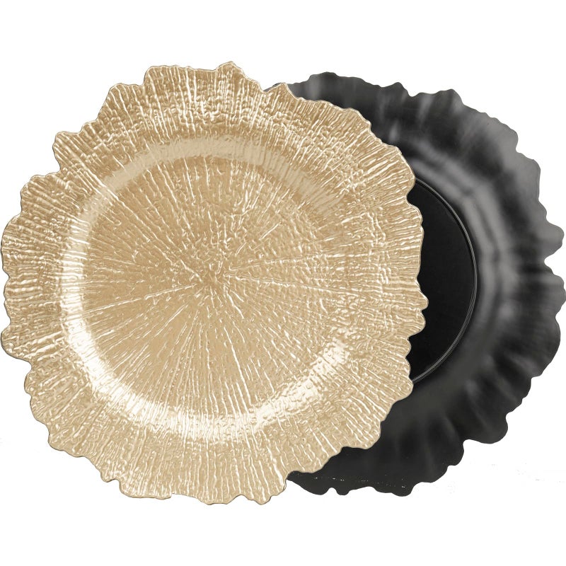 WUWEOT 12 Pack Gold Charger Plates, 12.7" Round Plastic Reef Plate Chargers with Flora Reef Design for Wedding Dinner Party Decoration - Image 2