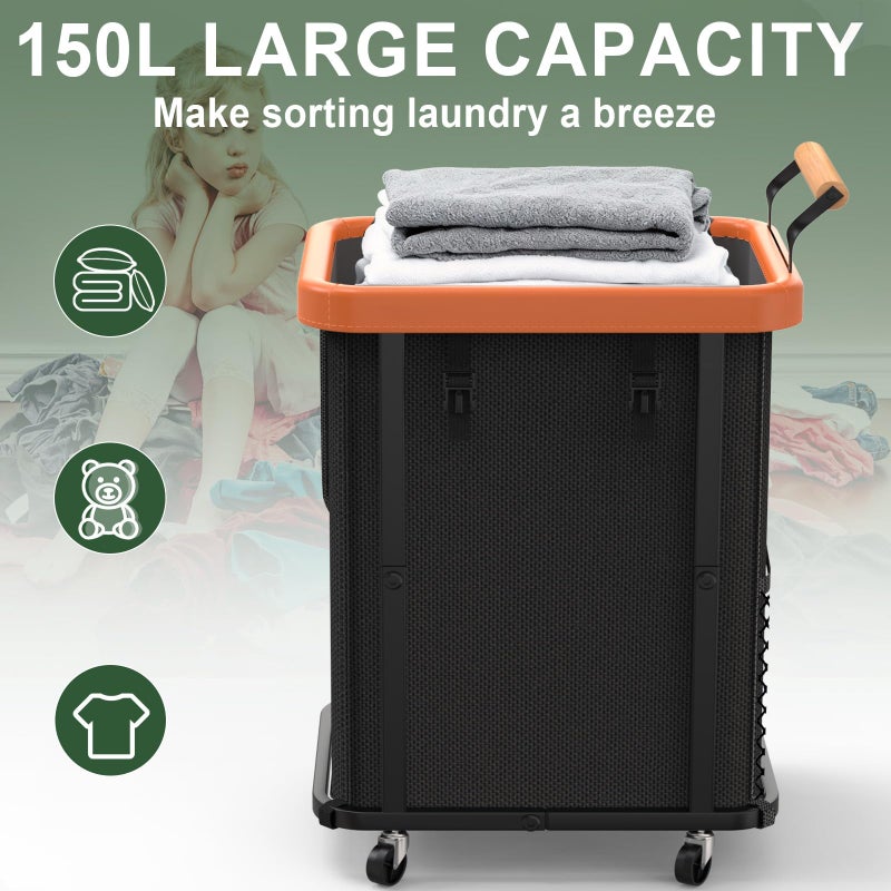 kunlabori 150L (40 Gal) Extra Large Fashion Laundry Basket with Wheels, Rolling Basket Hamper with Handle, Organizer Storage Cart with Sturdy Metal Frame for Laundry Room - Black - Image 2