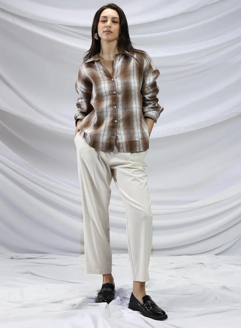 Pinacolada  Women's Chocolate Brown & Cream White Gradient-Check Relaxed Shirt for Women | Best Price UAE