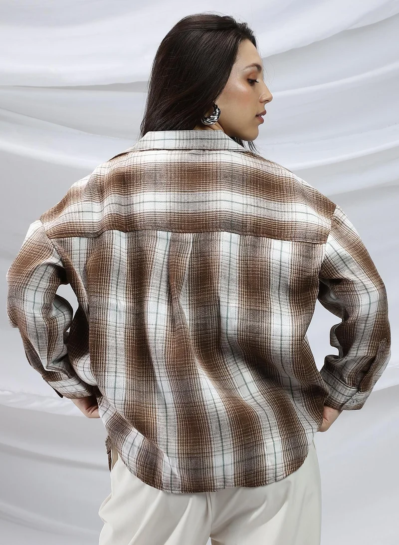 Pinacolada  Women's Chocolate Brown & Cream White Gradient-Check Relaxed Shirt for Women | Best Price UAE