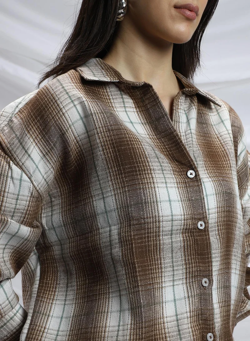 Pinacolada  Women's Chocolate Brown & Cream White Gradient-Check Relaxed Shirt for Women | Best Price UAE