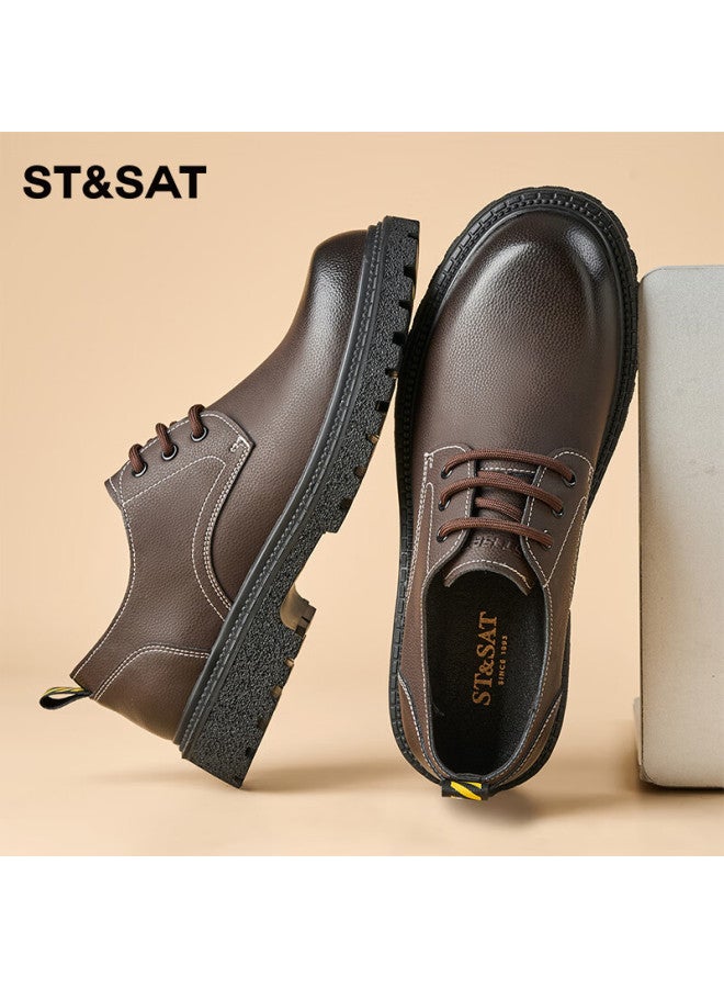 St&sat Men's Shoes, Stylish Versatile Comfortable Leather Shoes, Men's Outdoor Work Shoes, Commuter Casual Shoes, Brow - Image 1