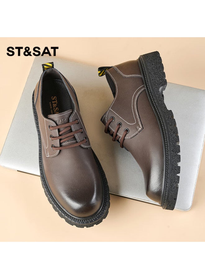 St&sat Men's Shoes, Stylish Versatile Comfortable Leather Shoes, Men's Outdoor Work Shoes, Commuter Casual Shoes, Brow - Image 3