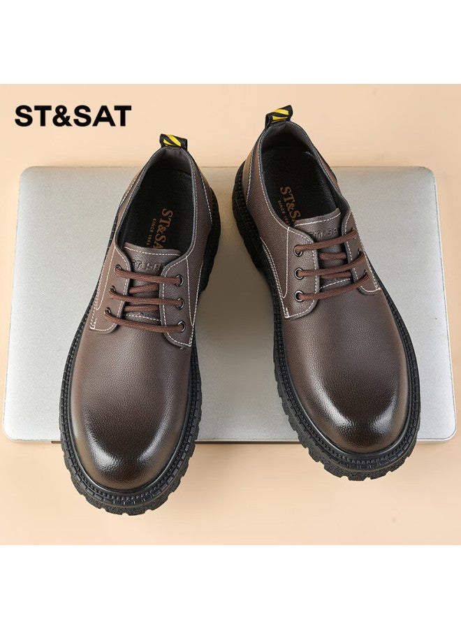 St&sat Men's Shoes, Stylish Versatile Comfortable Leather Shoes, Men's Outdoor Work Shoes, Commuter Casual Shoes, Brow - Image 4