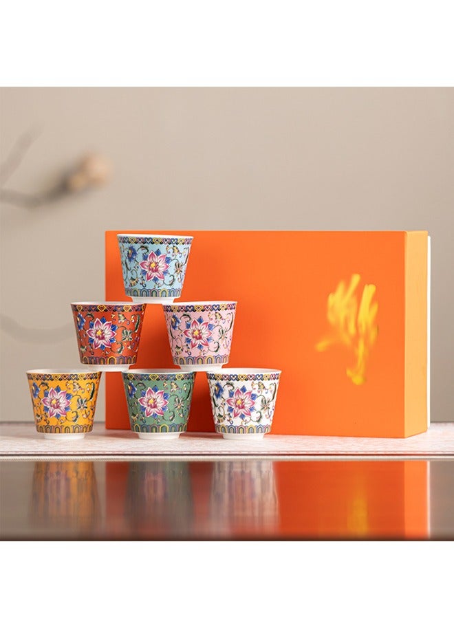 QINGYAN 6 Ceramic Tea Cups with Gift Box Elegant Floral Enamel Porcelain Coffee Cup Set, 6 Colors Flowers Teacup, Perfect for Home, Office, and Restaurant Use 5.8*5.2CM 70ML - Image 3