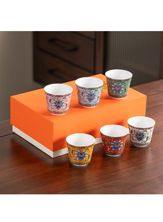 QINGYAN 6 Ceramic Tea Cups with Gift Box Elegant Floral Enamel Porcelain Coffee Cup Set, 6 Colors Flowers Teacup, Perfect for Home, Office, and Restaurant Use 5.8*5.2CM 70ML - Image 2