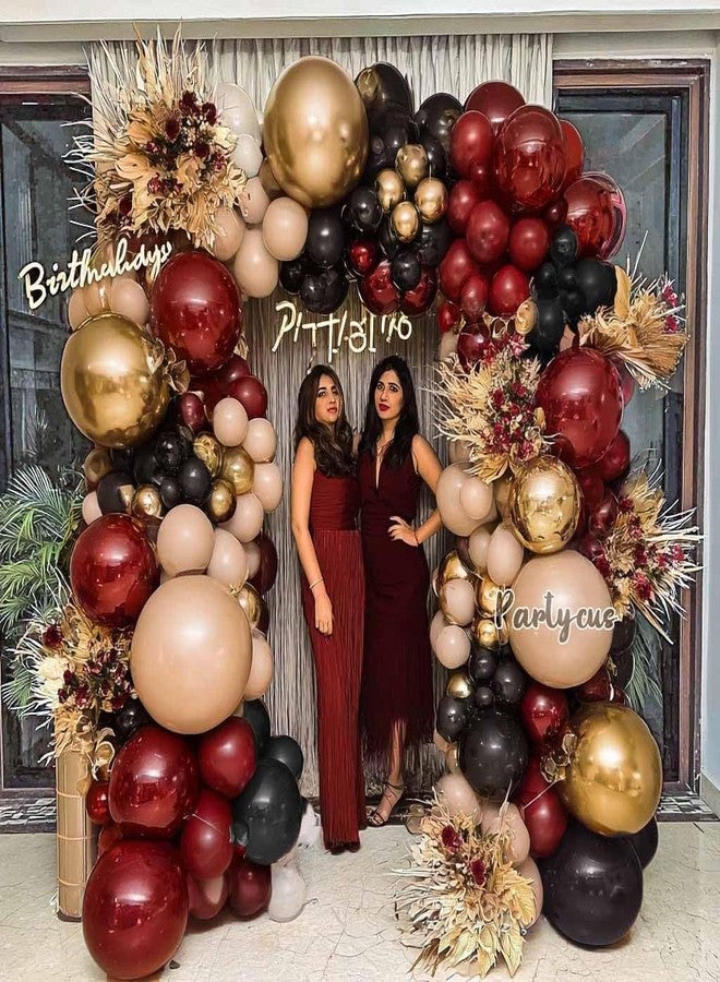 Partycus طقم قوس بالونات بورغندي أسود، بالونات مزدوجة الحشو بألوان بيج داكن، أحمر ياقوتي، وأحمر داكن، مع بالونات لاتكس ذهبية معدنية، مثالي لتزيين حفلات أعياد الميلاد، والذكرى السنوية، والهالوين، وحفلات النساء. - Image 2