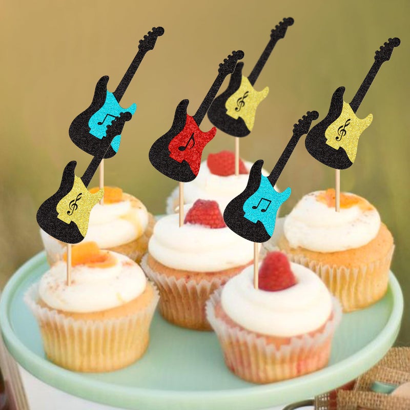 Ercadio 24PCS Guitar Cupcake Toppers Glitter Guitar Rock Cupcake Music Lover's Birthday Cake Decorations Rock and Roll Party Decorations for Guitar Theme Birthday Baby Shower Supplies - Image 5