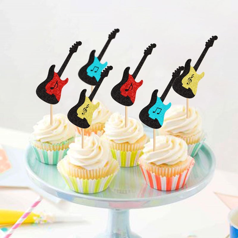Ercadio 24PCS Guitar Cupcake Toppers Glitter Guitar Rock Cupcake Music Lover's Birthday Cake Decorations Rock and Roll Party Decorations for Guitar Theme Birthday Baby Shower Supplies - Image 3