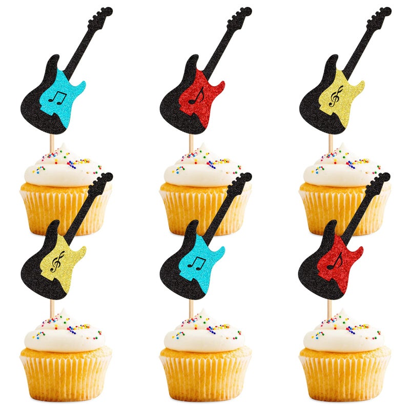 Ercadio 24PCS Guitar Cupcake Toppers Glitter Guitar Rock Cupcake Music Lover's Birthday Cake Decorations Rock and Roll Party Decorations for Guitar Theme Birthday Baby Shower Supplies - Image 1