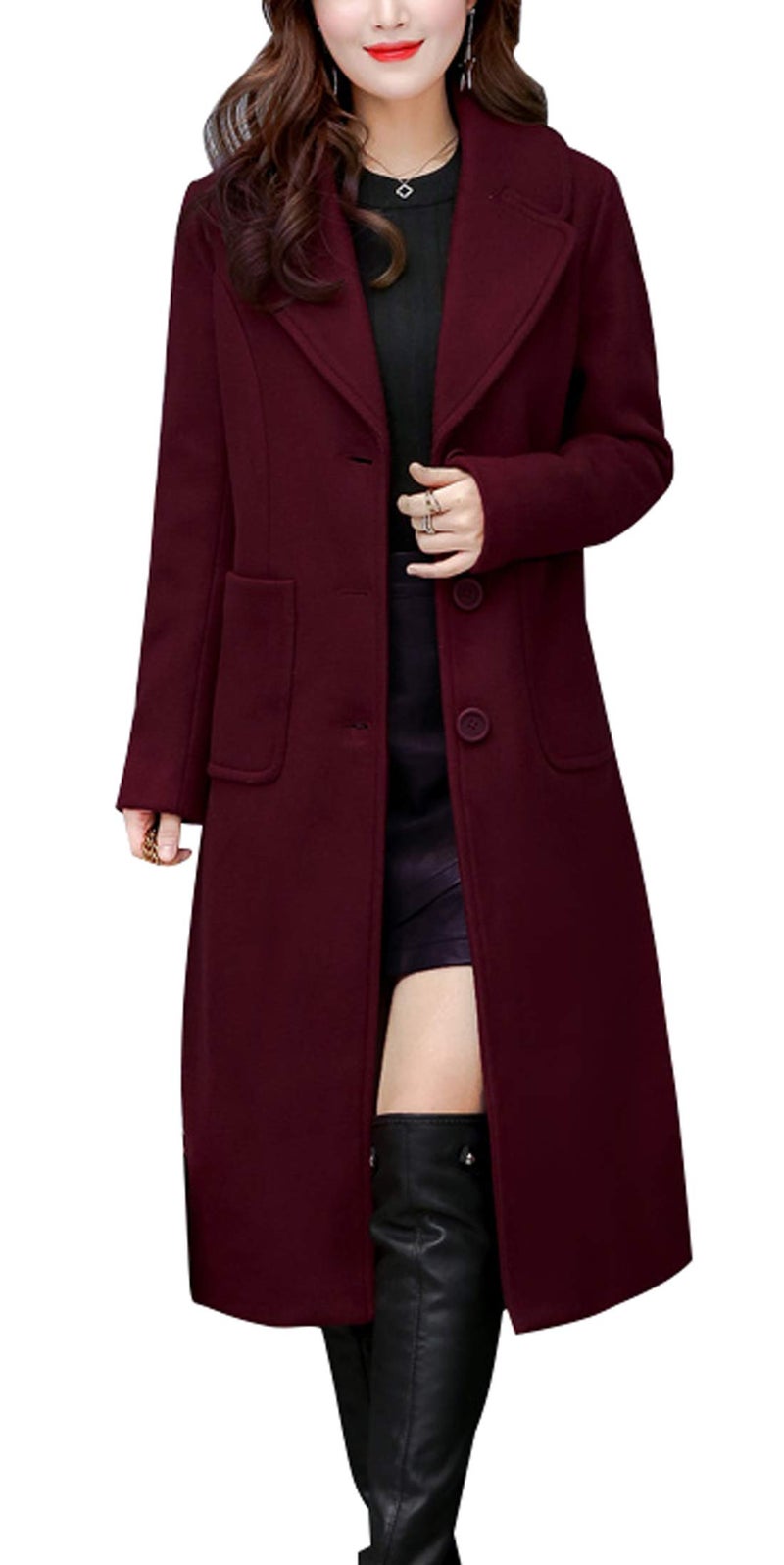 chouyatou Womens Big Notch Lapel Single Breasted MidLong Wool Blend Coat Medium Wine Red
