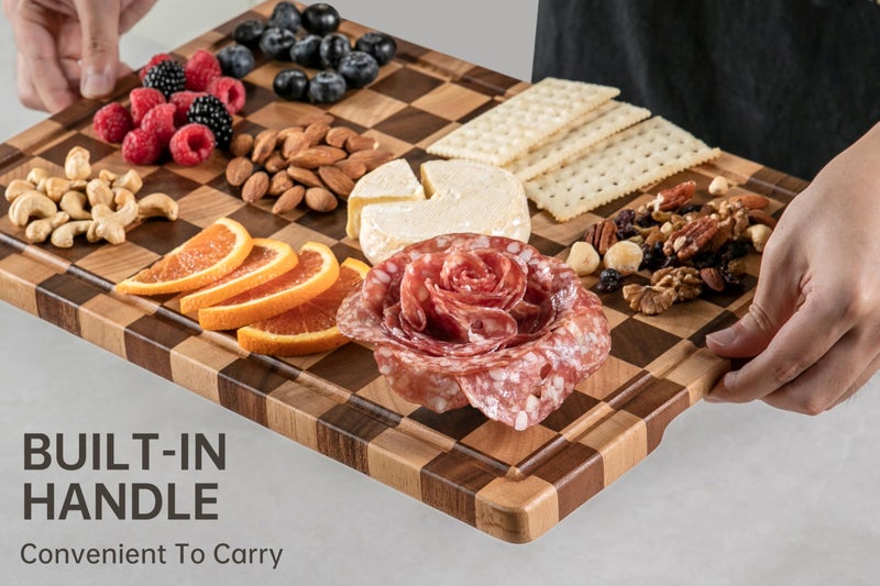 THETCHRY Cutting Boards for Kitchen, Design in USA Large Acacia Wood Chopping Board, Checkered Cutting Board with Juice Grooves & Handles, Butcher Block Serving Tray with Gift Box 16.5" x 11.6" x 0.8" - Image 3